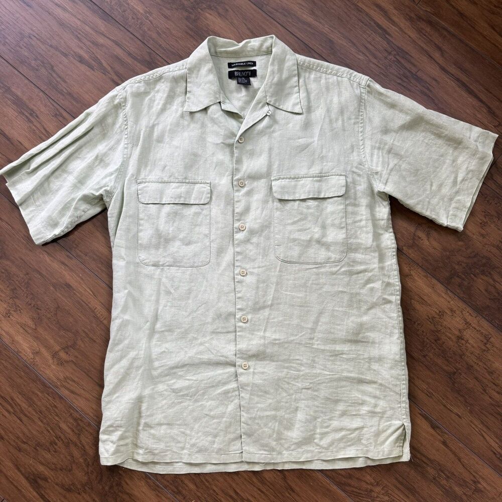Bruno Men's M 100% Linen Mint Green Button Up SS Shirt Casual Beach Resort
